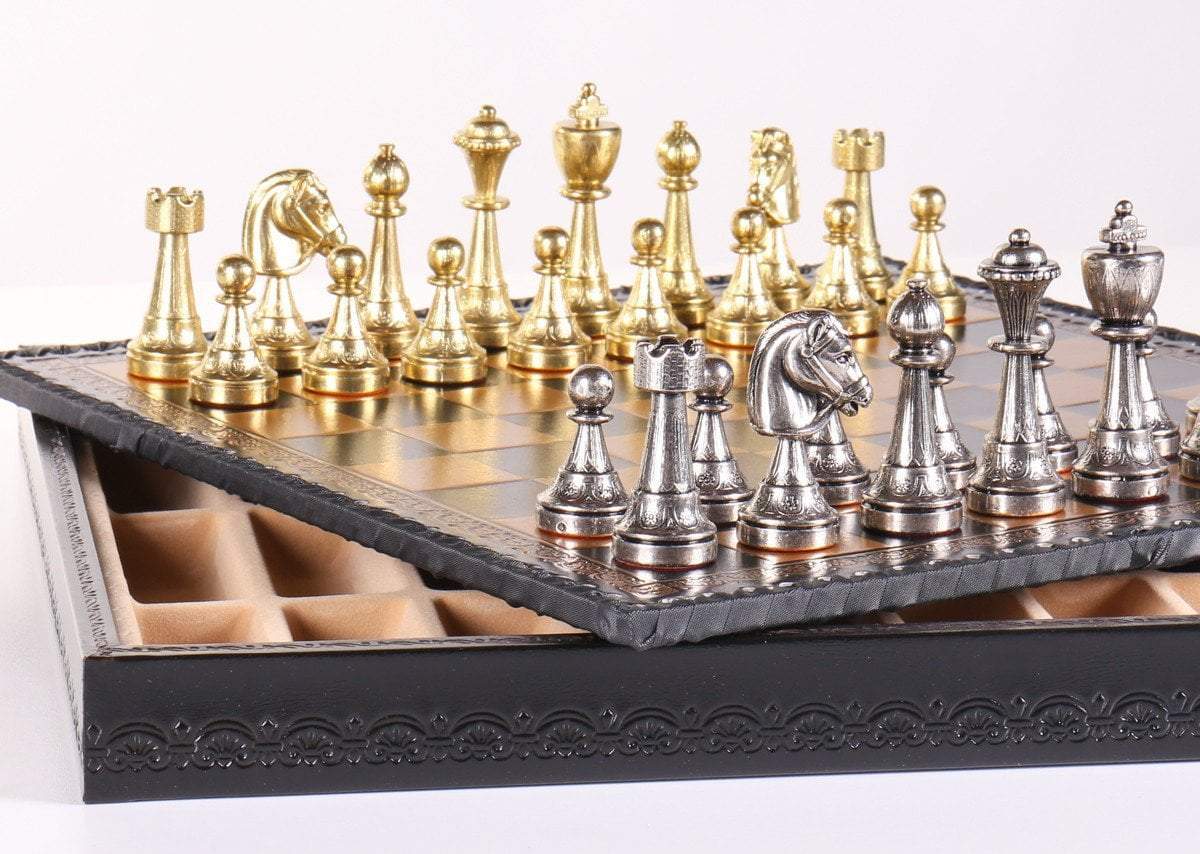 Staunton metal deals on leather chess set with storage