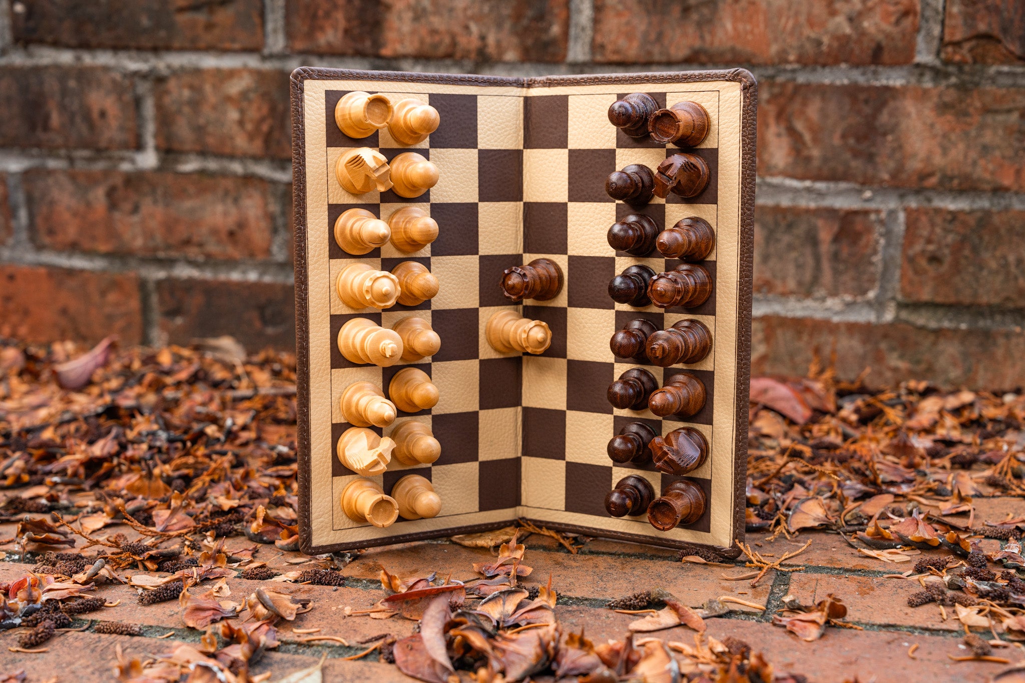 9" Milled Leather Travel Magnetic Chess Set with Wood Pieces - Chess Set - Chess-House