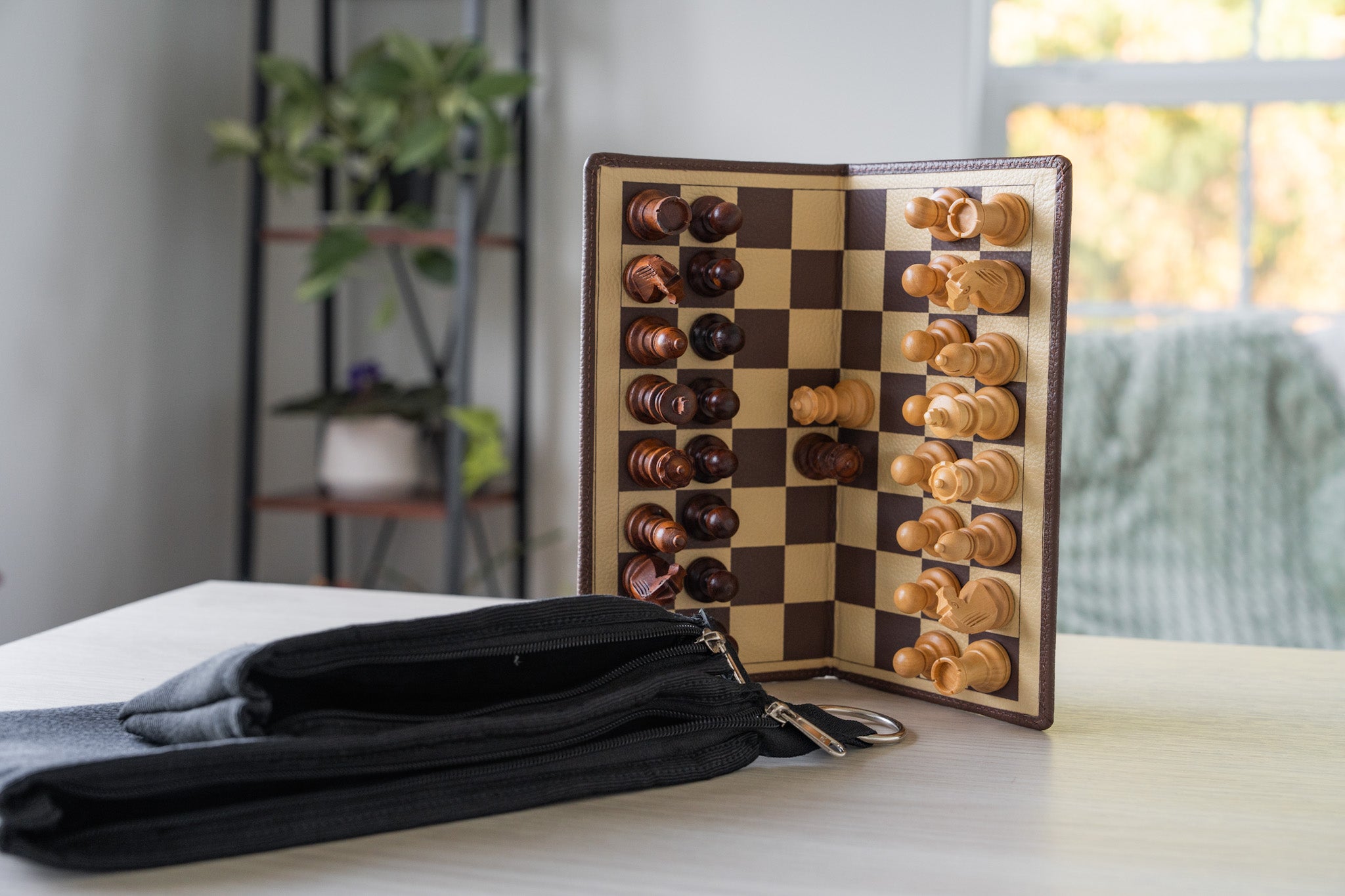 9" Milled Leather Travel Magnetic Chess Set with Wood Pieces - Chess Set - Chess-House