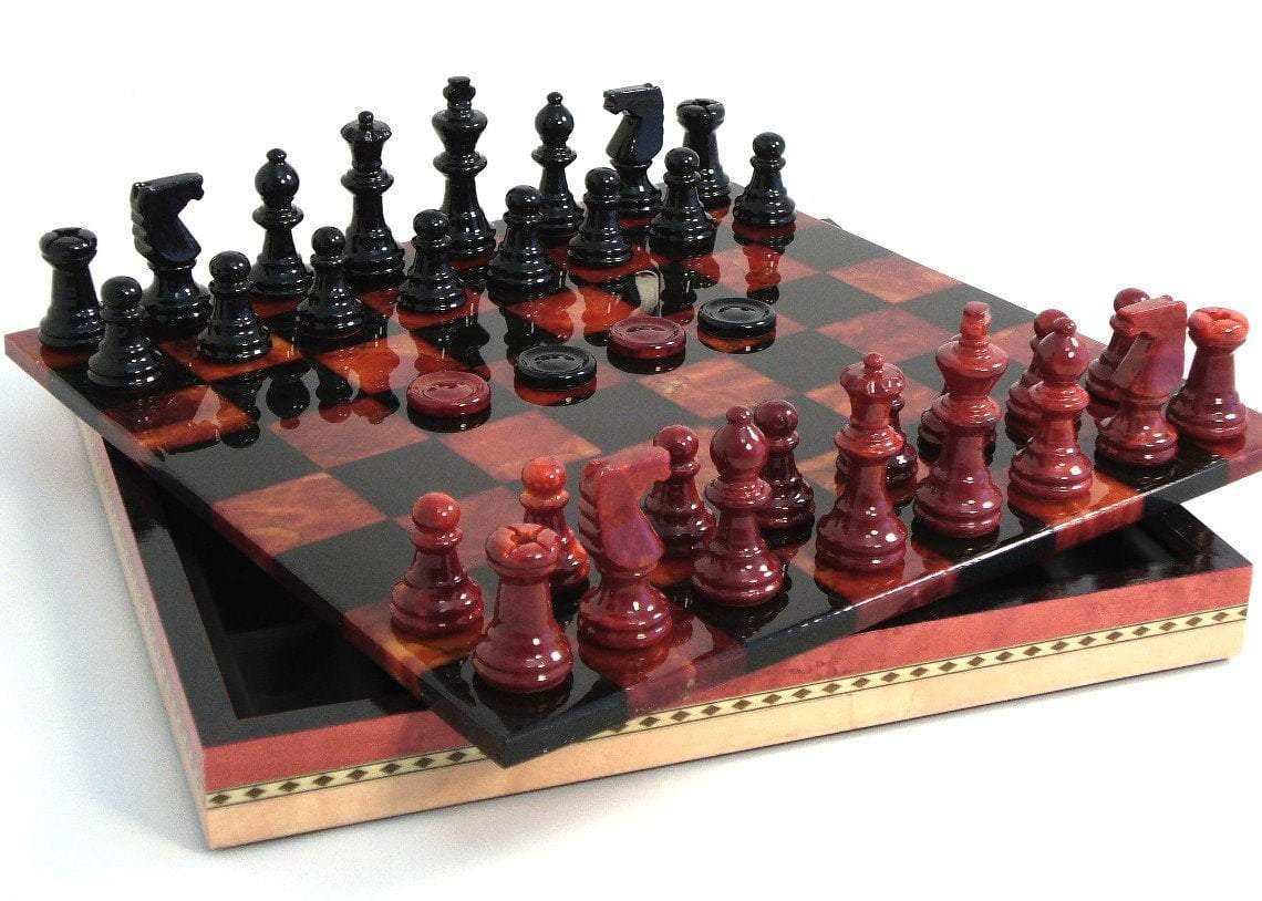 Black & Red Alabaster Inlaid Chest - Chess Set - Chess-House