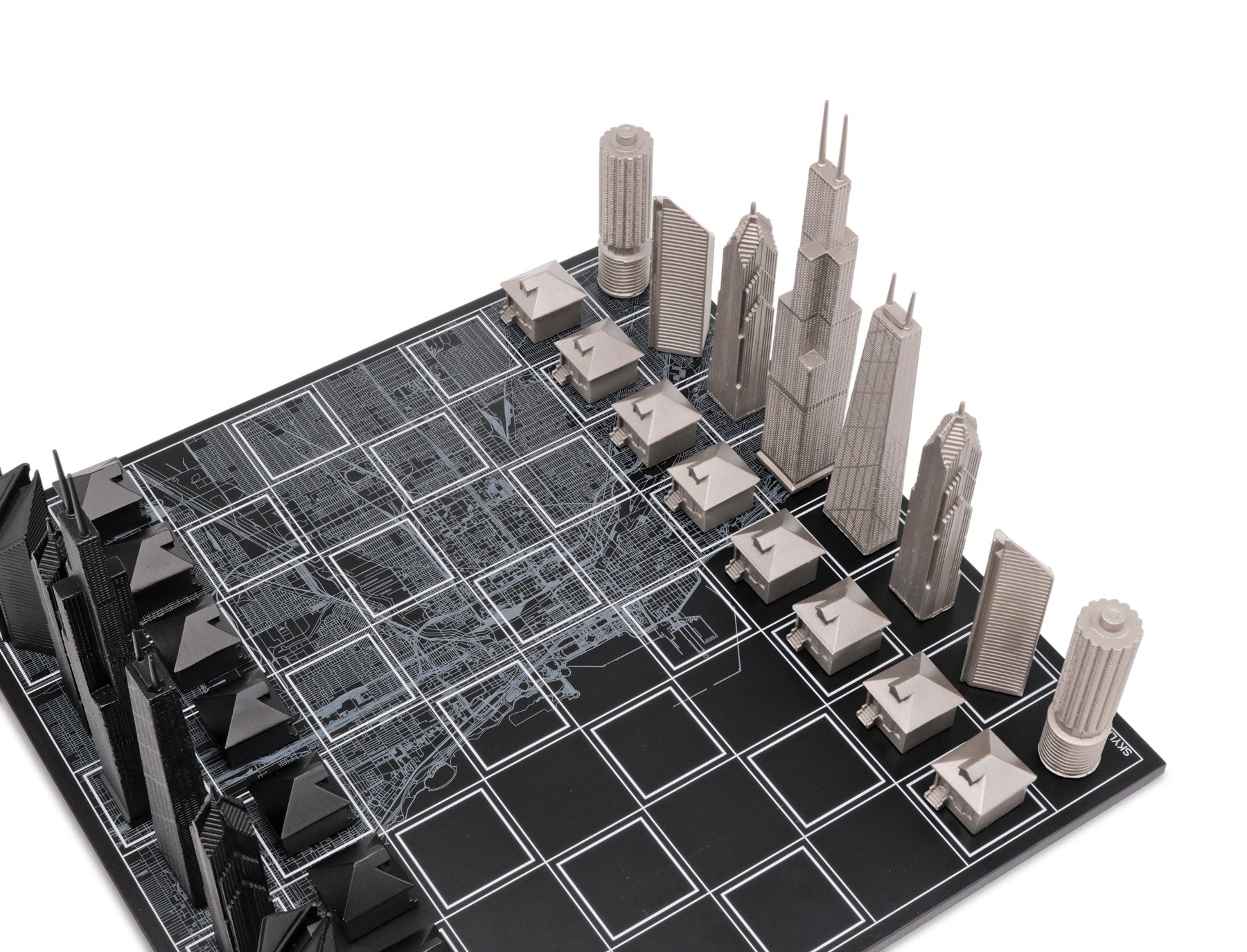 Chess Set Stainless Steel CHICAGO Edition with Chicago Wood Map Board - Chess Set - Chess-House