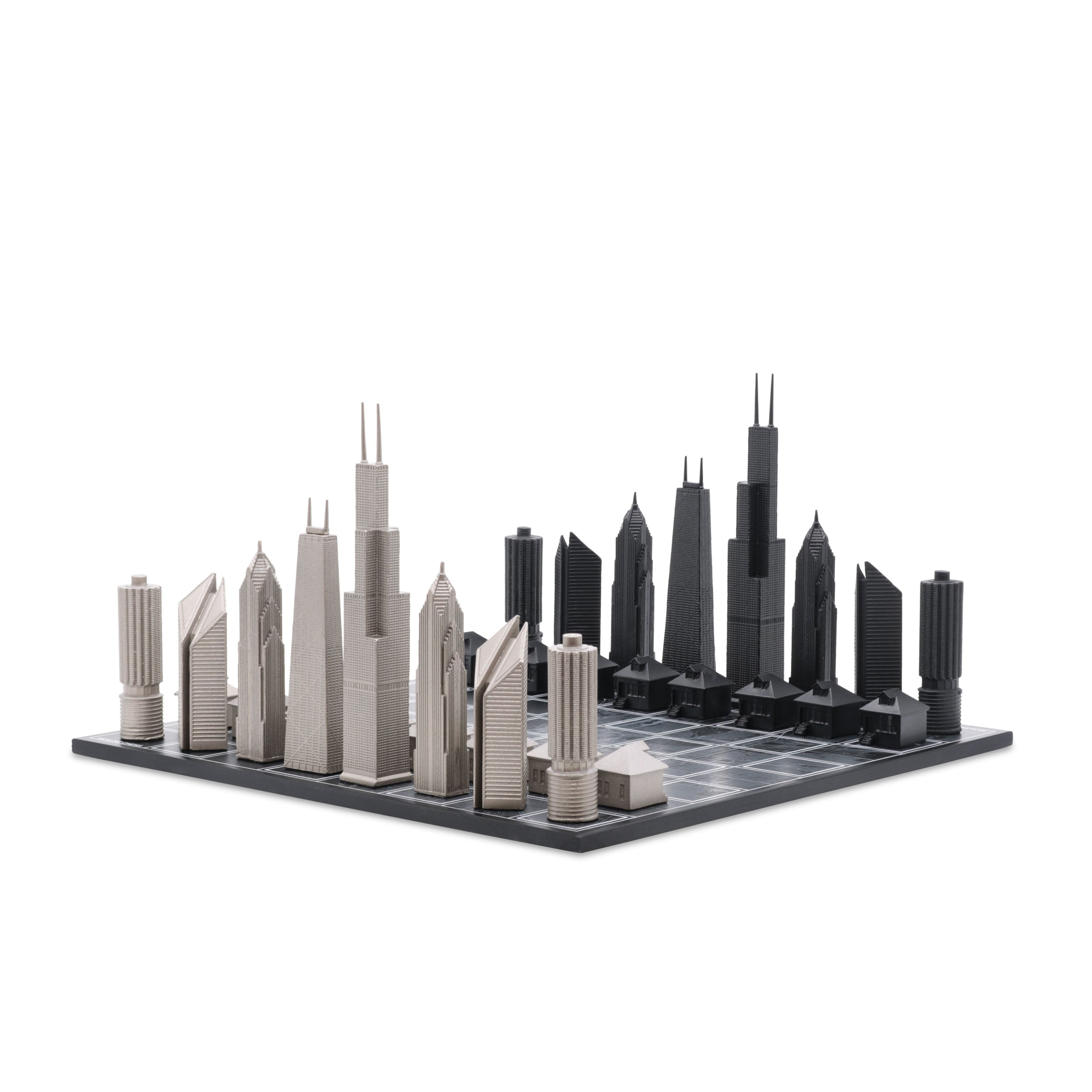 Chess Set Stainless Steel CHICAGO Edition with Chicago Wood Map Board - Chess Set - Chess-House