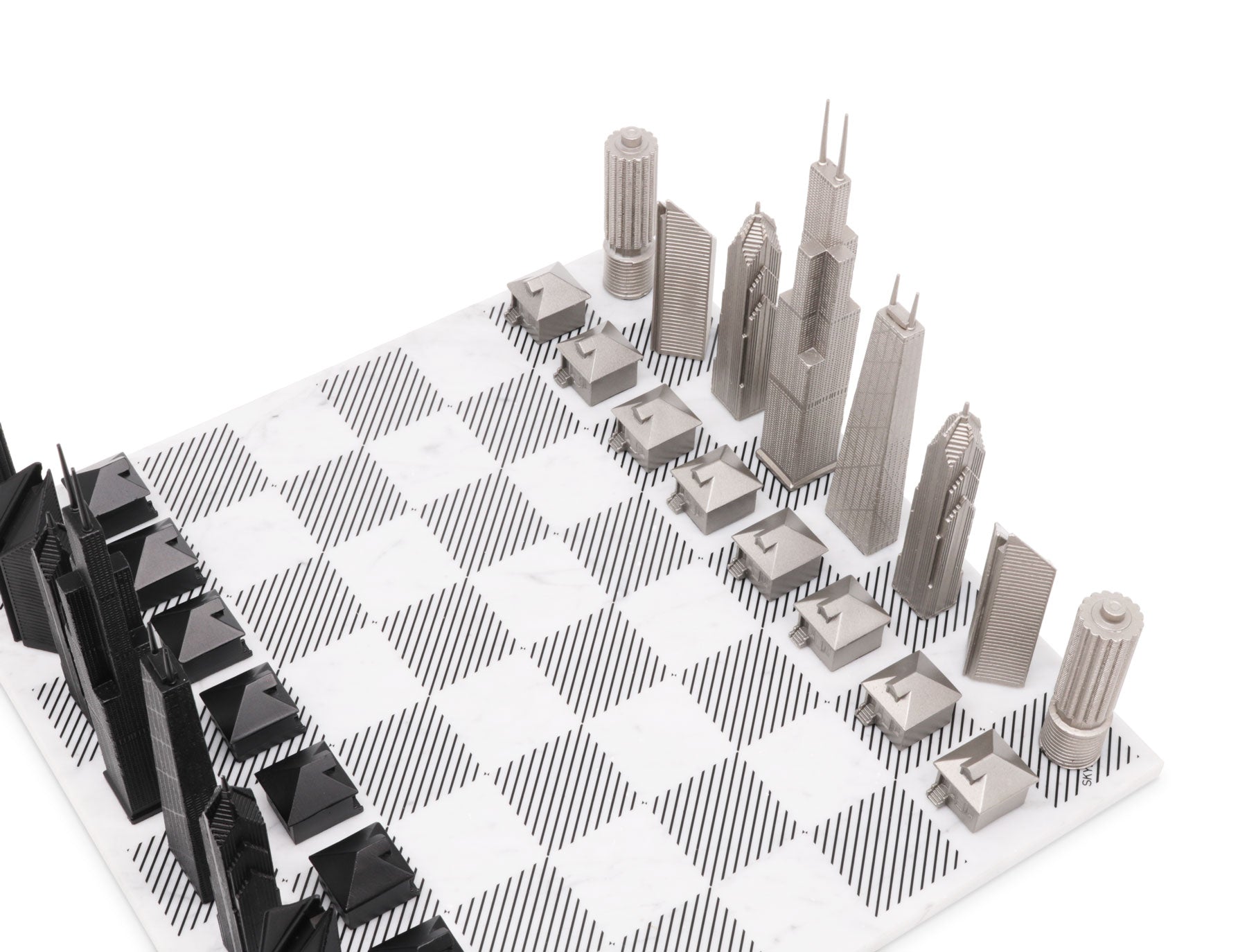 Chess Set Stainless Steel CHICAGO Edition with Marble Hatch Board - Chess Set - Chess-House