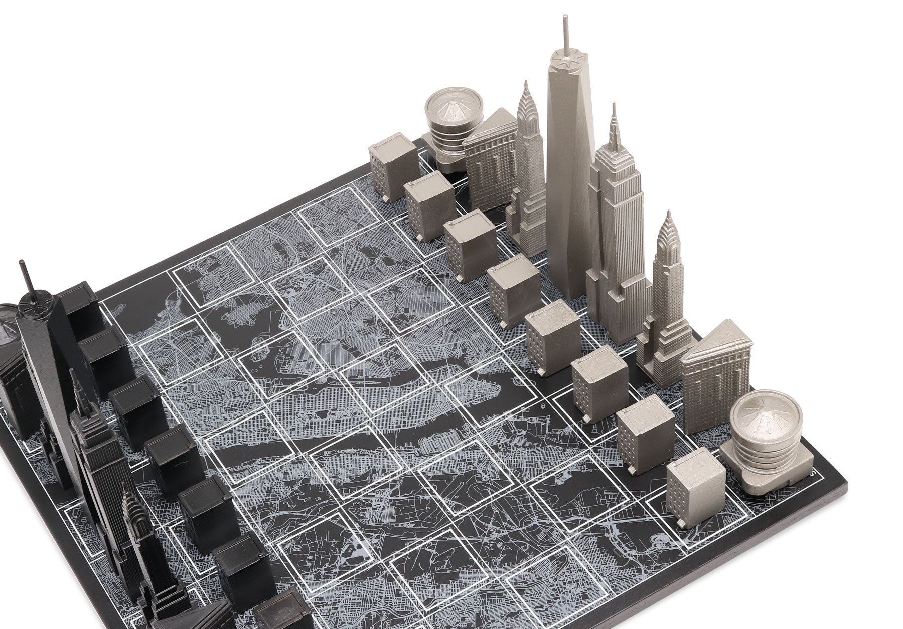 Chess Set Stainless Steel NEW YORK Edition with Wood Map Board - Chess Set - Chess-House