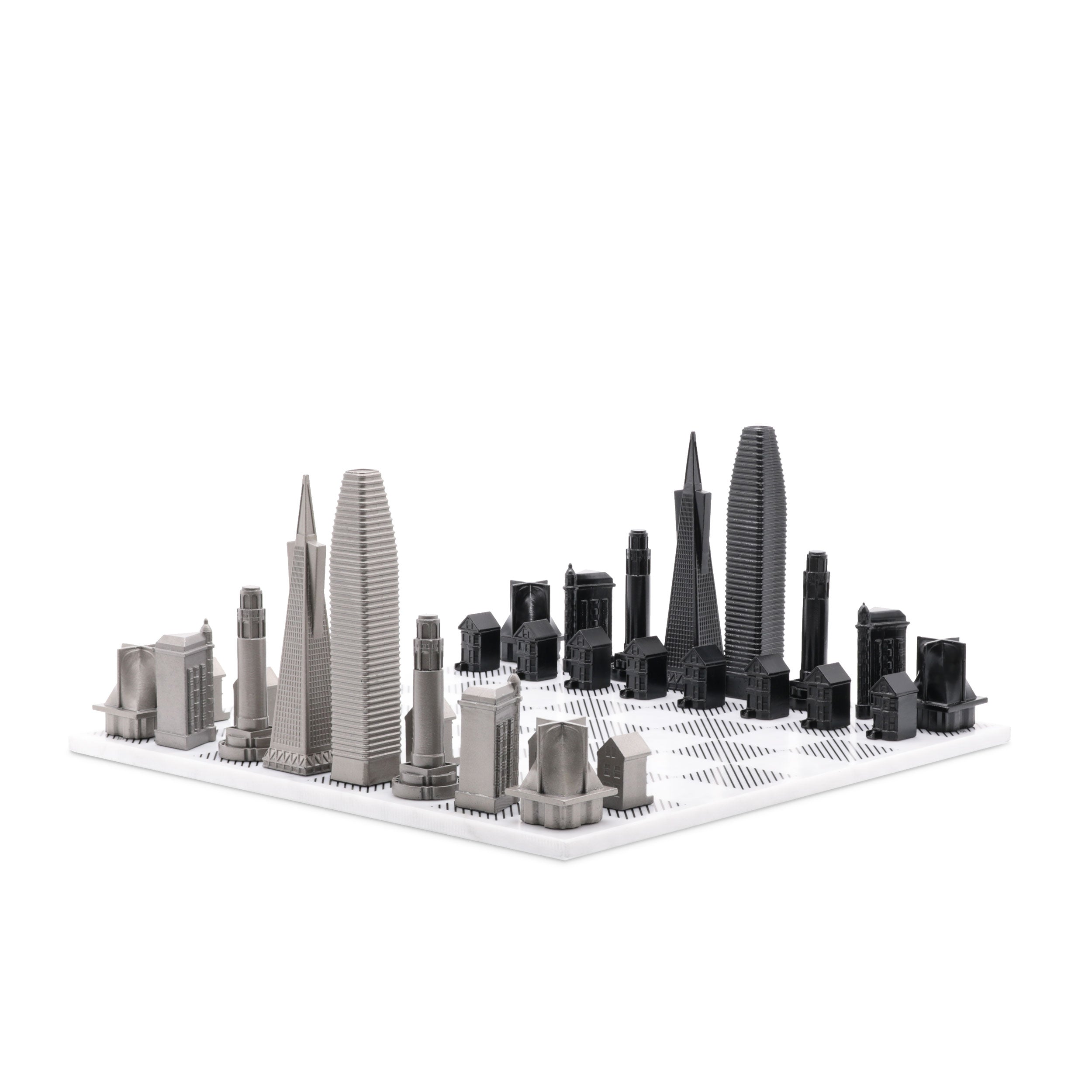 Chess Set Stainless Steel SAN FRANCISCO Edition with Marble Hatch Board - Chess Set - Chess-House