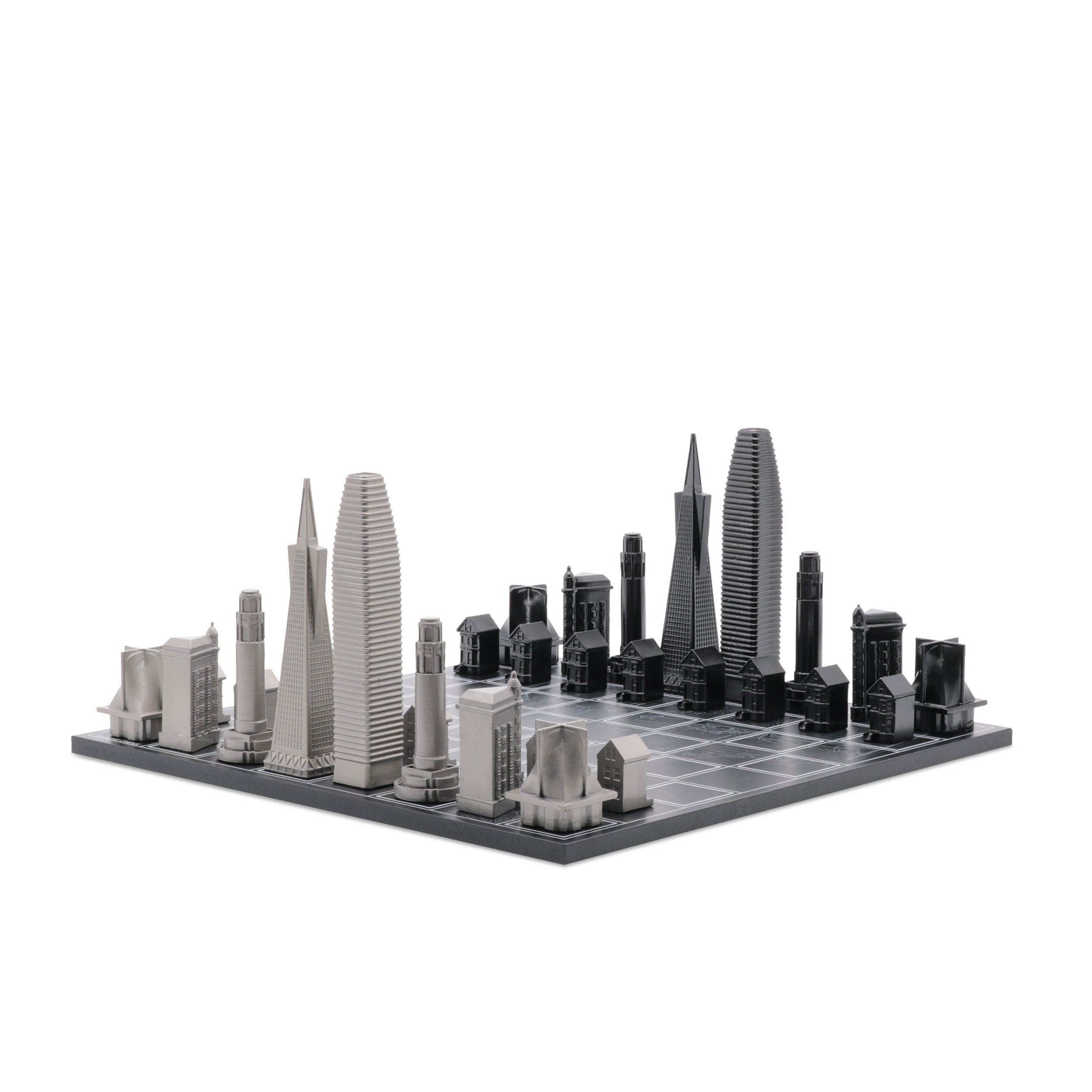 Chess Set Stainless Steel SAN FRANCISCO Edition with Wood Map Board - Chess Set - Chess-House