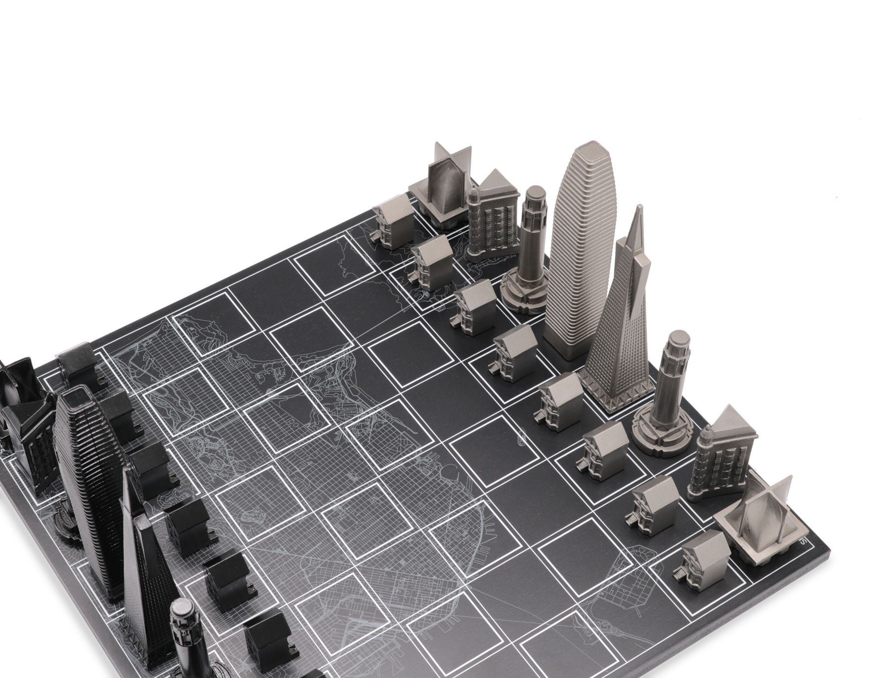 Chess Set Stainless Steel SAN FRANCISCO Edition with Wood Map Board - Chess Set - Chess-House