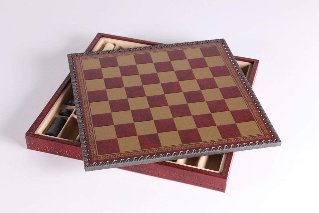 Handmade Leather Chess Board. Metal playing pieces included.