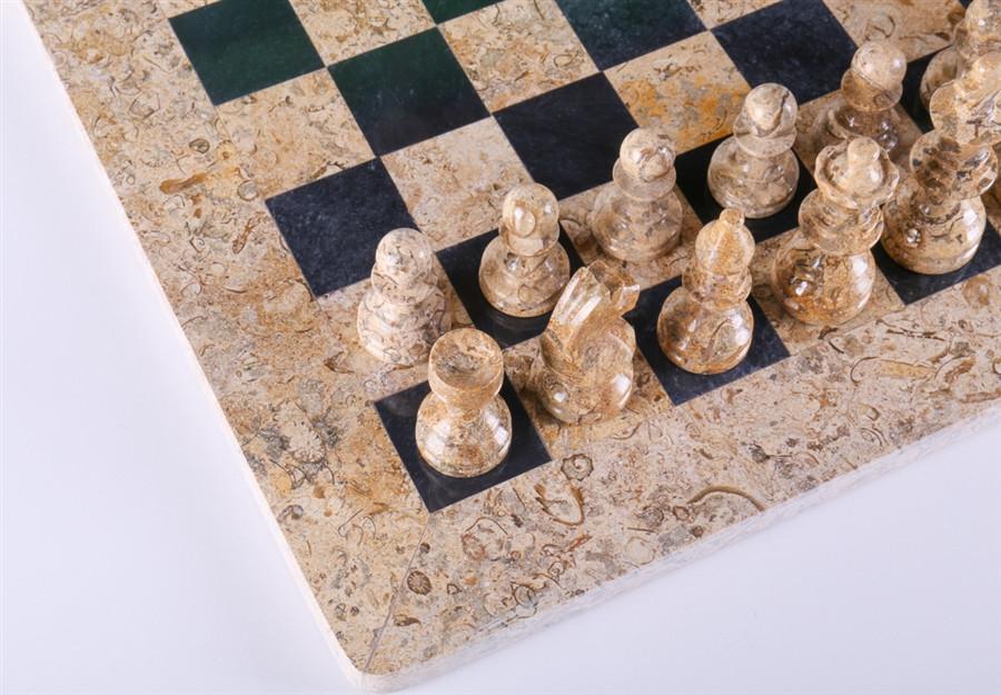 Large Marble Chess Set- Black and White Coral with Fancy Chess Pieces-  White Border- 16