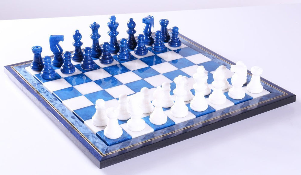 Blue & White Alabaster Chess Set with Wood Frame