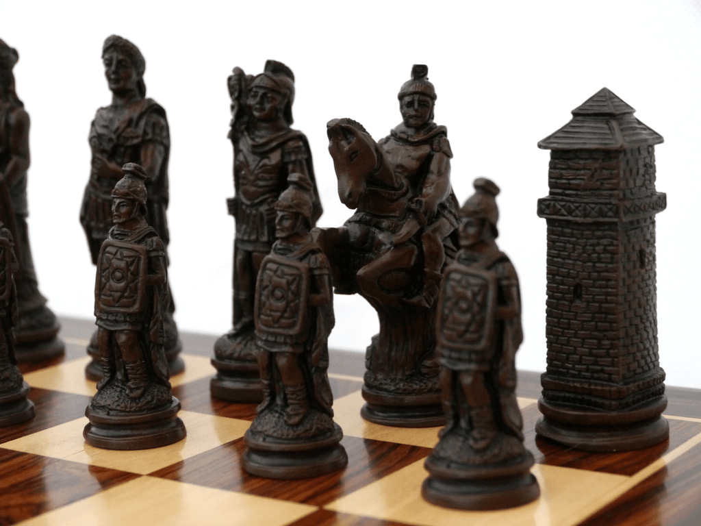 Luxury brown leather and marble chess set board with roman