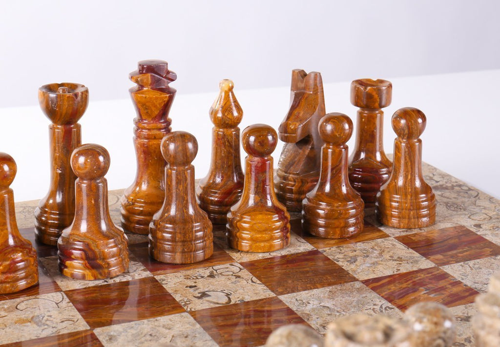 Marble Chess Set- Red and White Coral with Fancy Chess Pieces-16